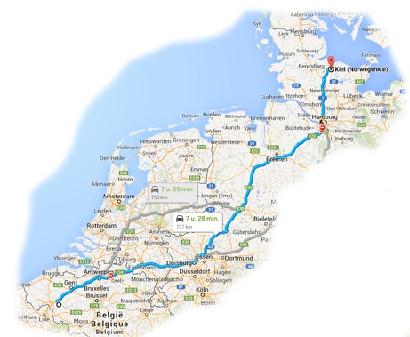 Route to Kiel in Germany